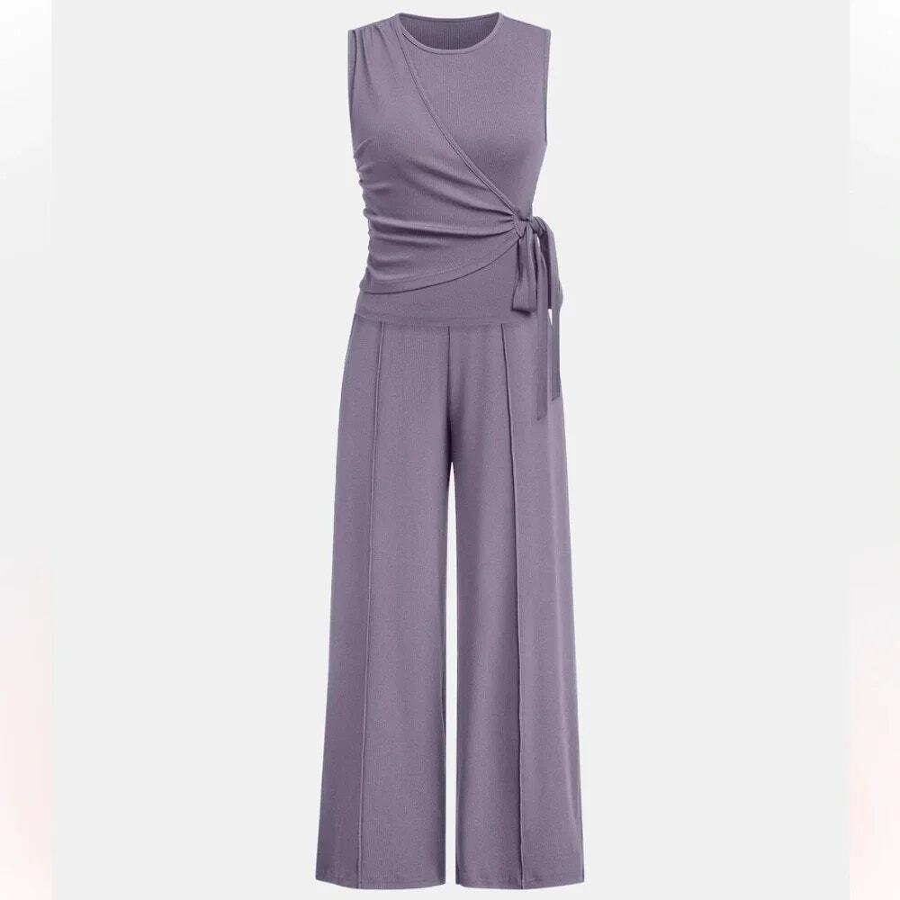 NWT Yozy Lavender Purple 2 Piece Tie Waist Top Wide Leg Pants Outfit Size Large